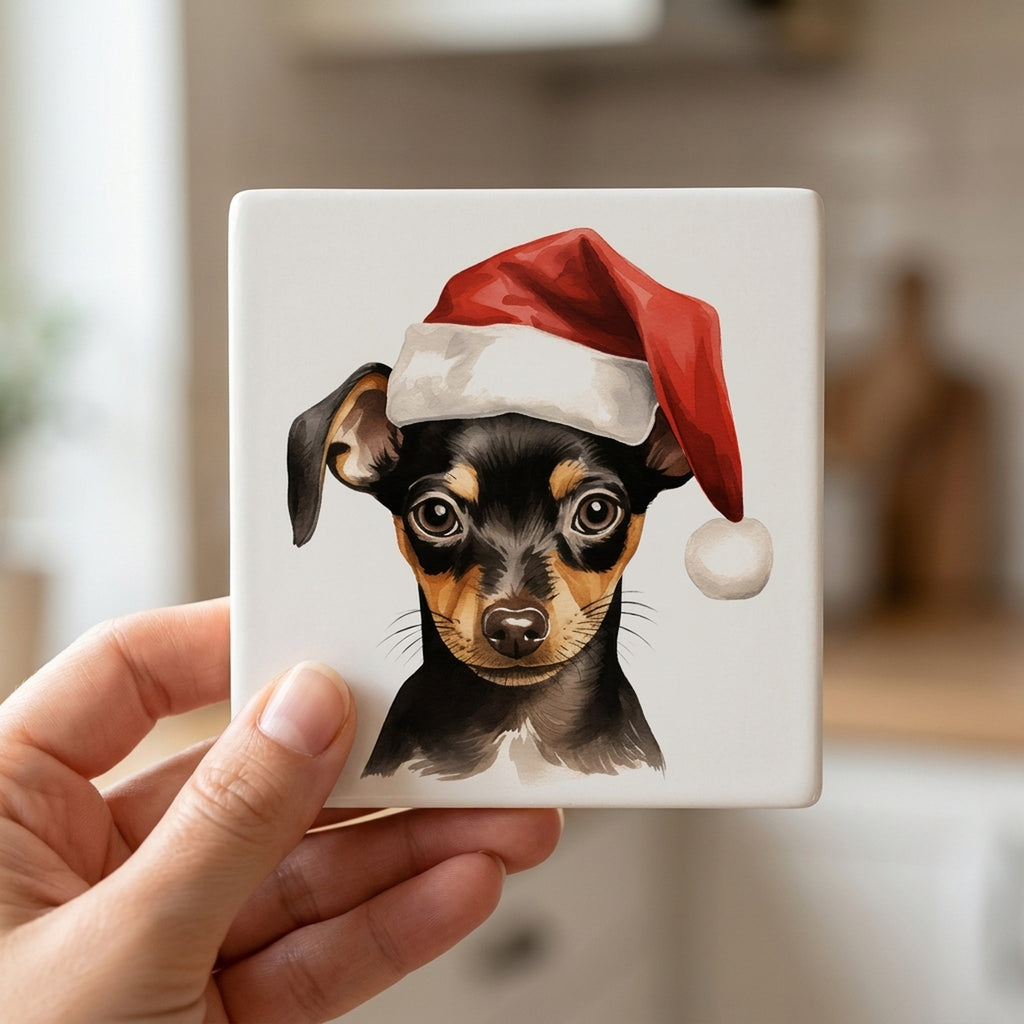 Miniature Pinscher Puppy Drawing ceramic coasters set of 4, in hand