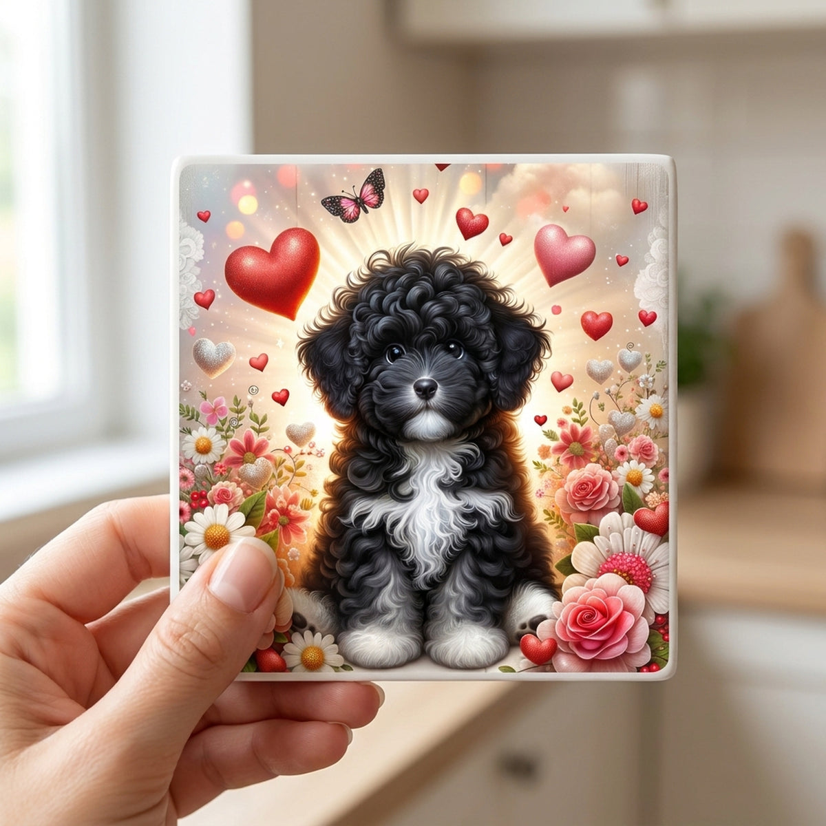 Portuguese Water Dog ceramic coasters set of 4, in hand