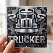 Trucker Rig ceramic coasters set of 4, in hand
