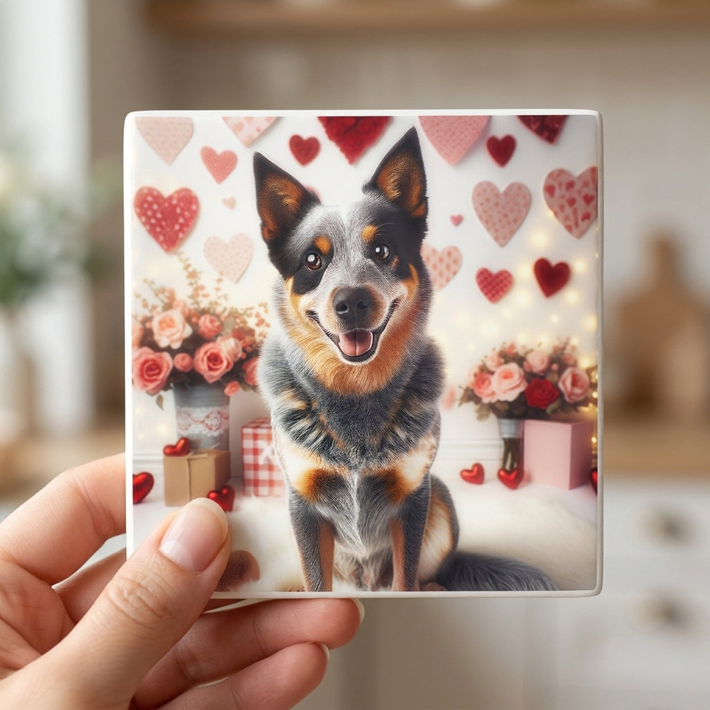 Australian Cattle Dog ceramic coasters set of 4, in hand