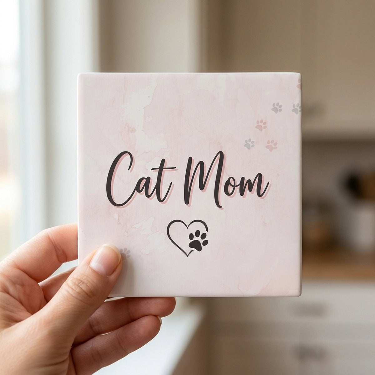 Cat Mom Heart Paw ceramic coasters set of 4, in hand