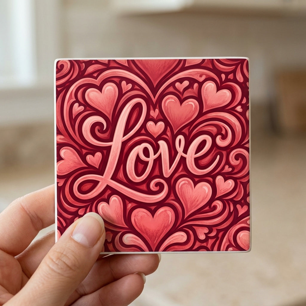 Love Script Hearts ceramic coasters set of 4, in hand