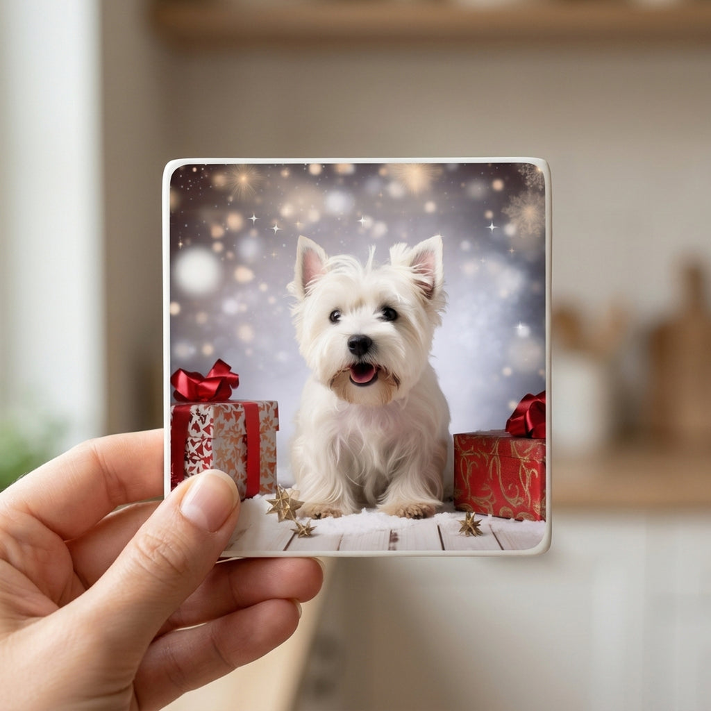 West Highland White Terrier ceramic coasters set of 4, in hand