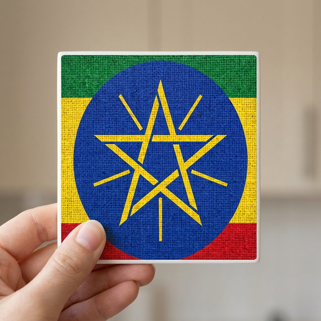 Ethiopia Flag Pride ceramic coasters set of 4, in hand