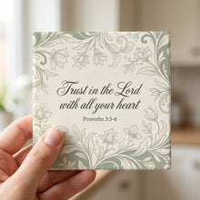 Proverbs 3:5 ceramic coasters set of 4, in hand