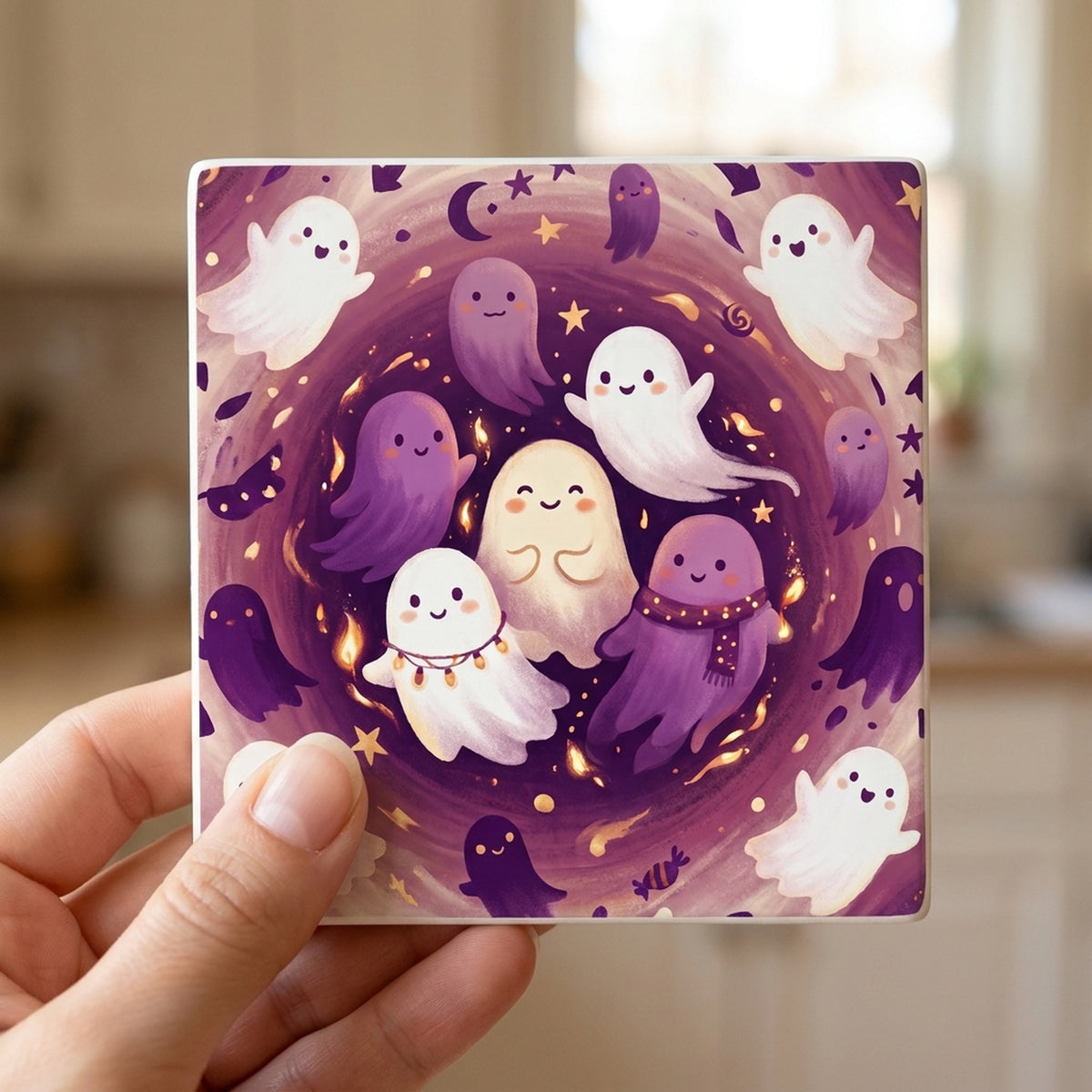 Spooky Ghosts ceramic coasters set of 4, in hand