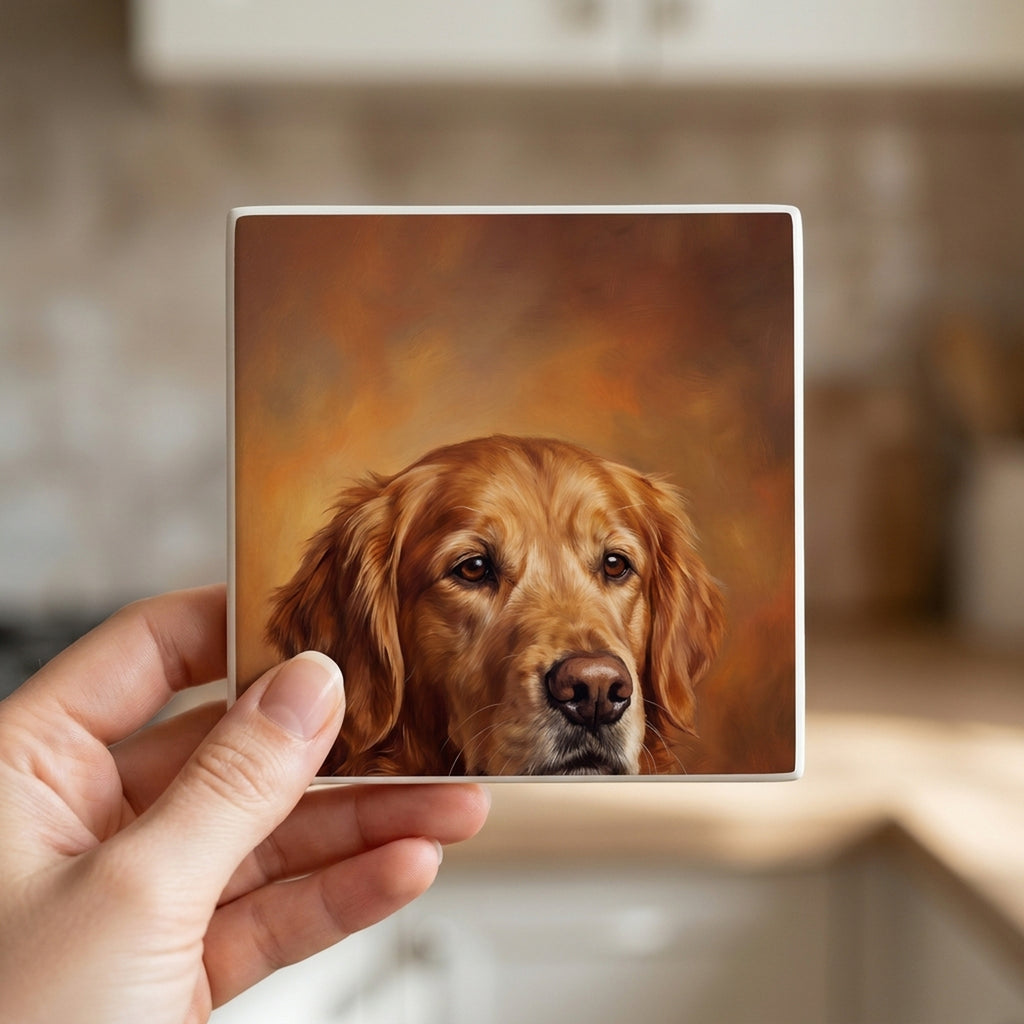 Golden Retriever Portrait ceramic coasters set of 4, in hand