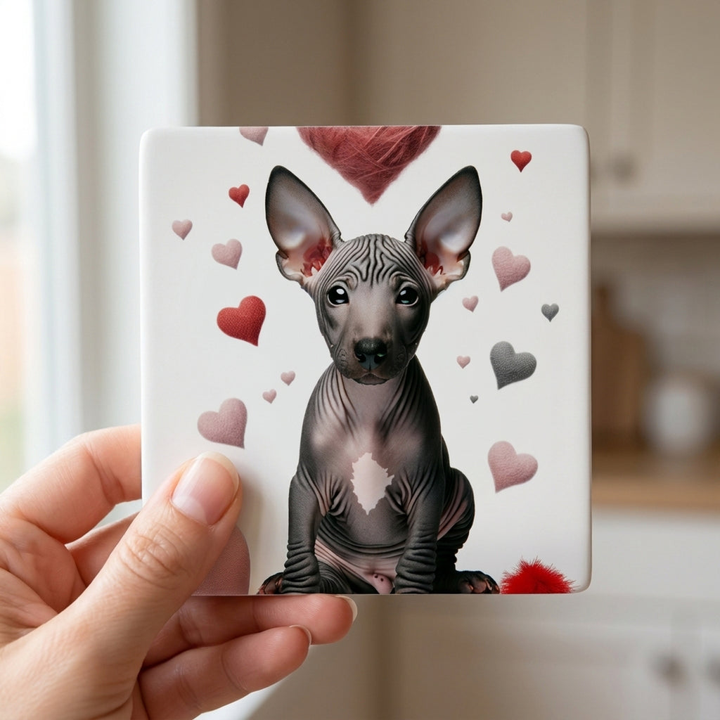 Xoloitzcuintli ceramic coasters set of 4, in hand