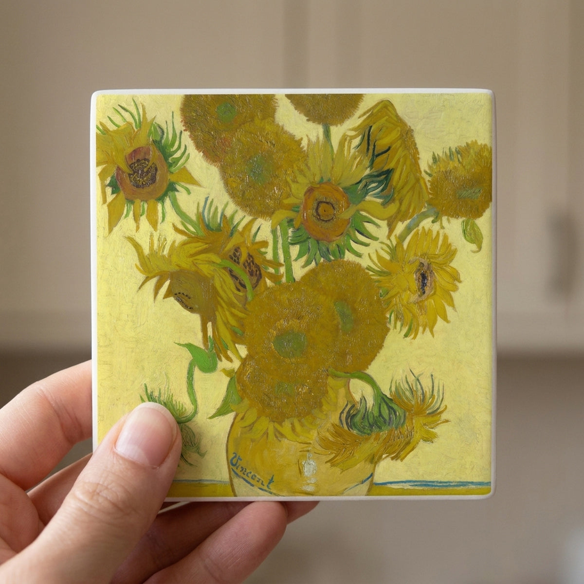 Van Gogh Sunflowers ceramic coasters set of 4, in hand