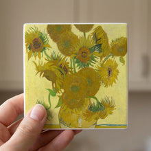 Van Gogh Sunflowers ceramic coasters set of 4, in hand