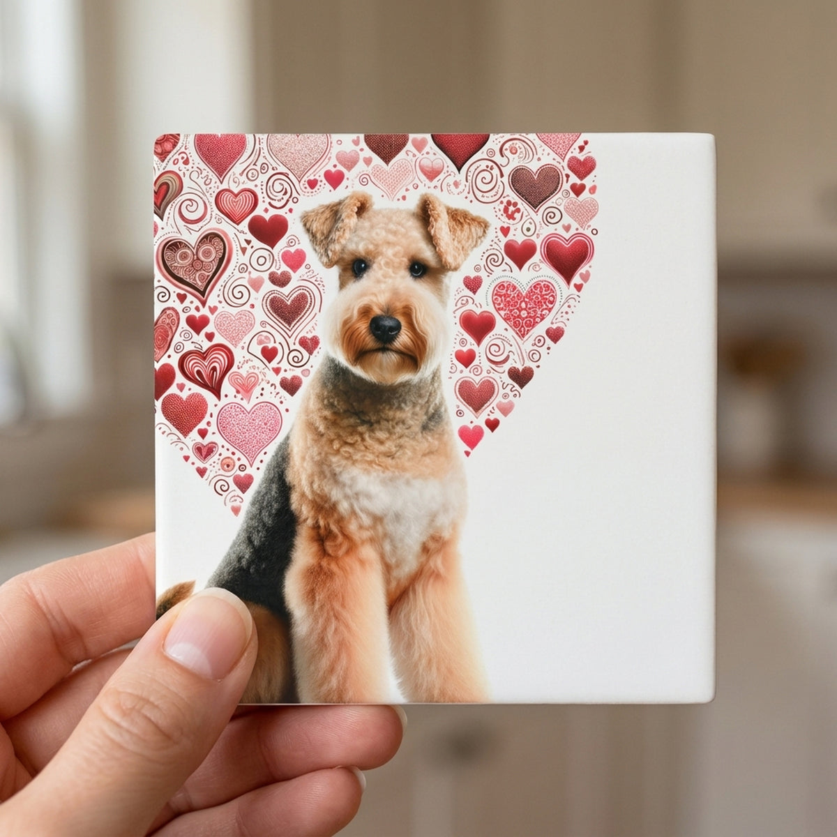 Airedale Terrier ceramic coasters set of 4, in hand