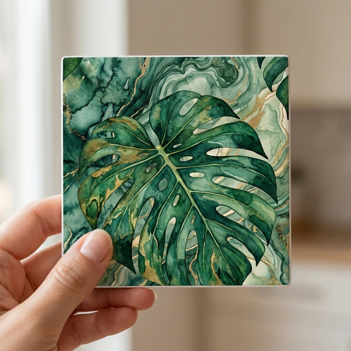 Tropical Monstera ceramic coasters set of 4, in hand