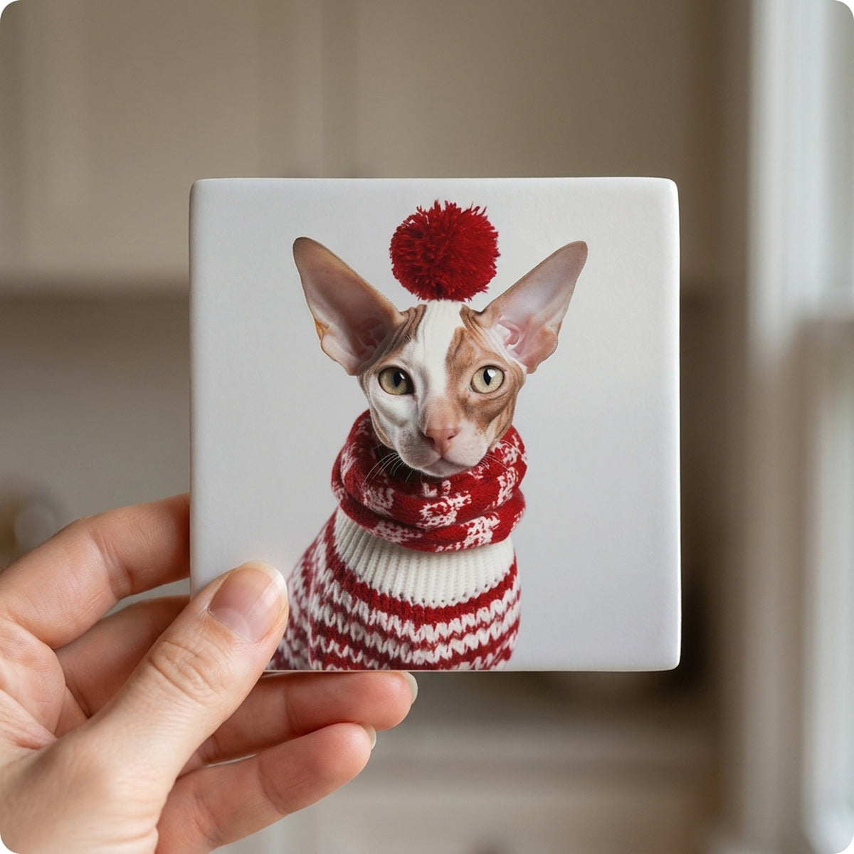 Cornish Rex Cat ceramic coasters set of 4, in hand
