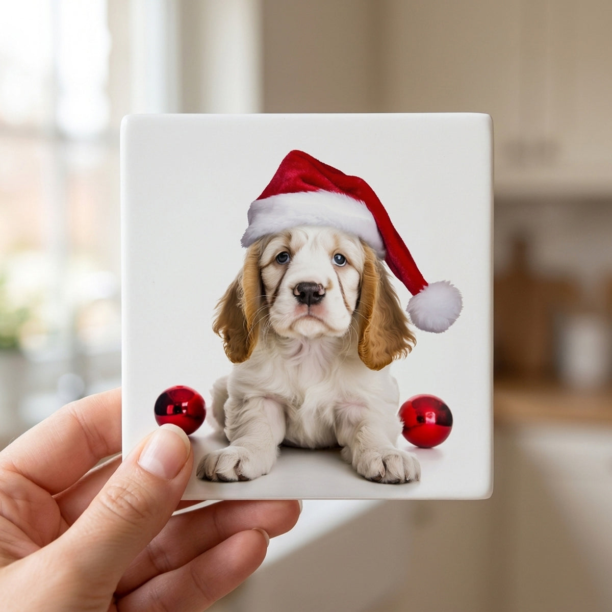 Clumber Spaniel Puppy ceramic coasters set of 4, in hand