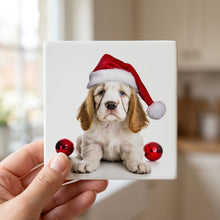 Clumber Spaniel Puppy ceramic coasters set of 4, in hand
