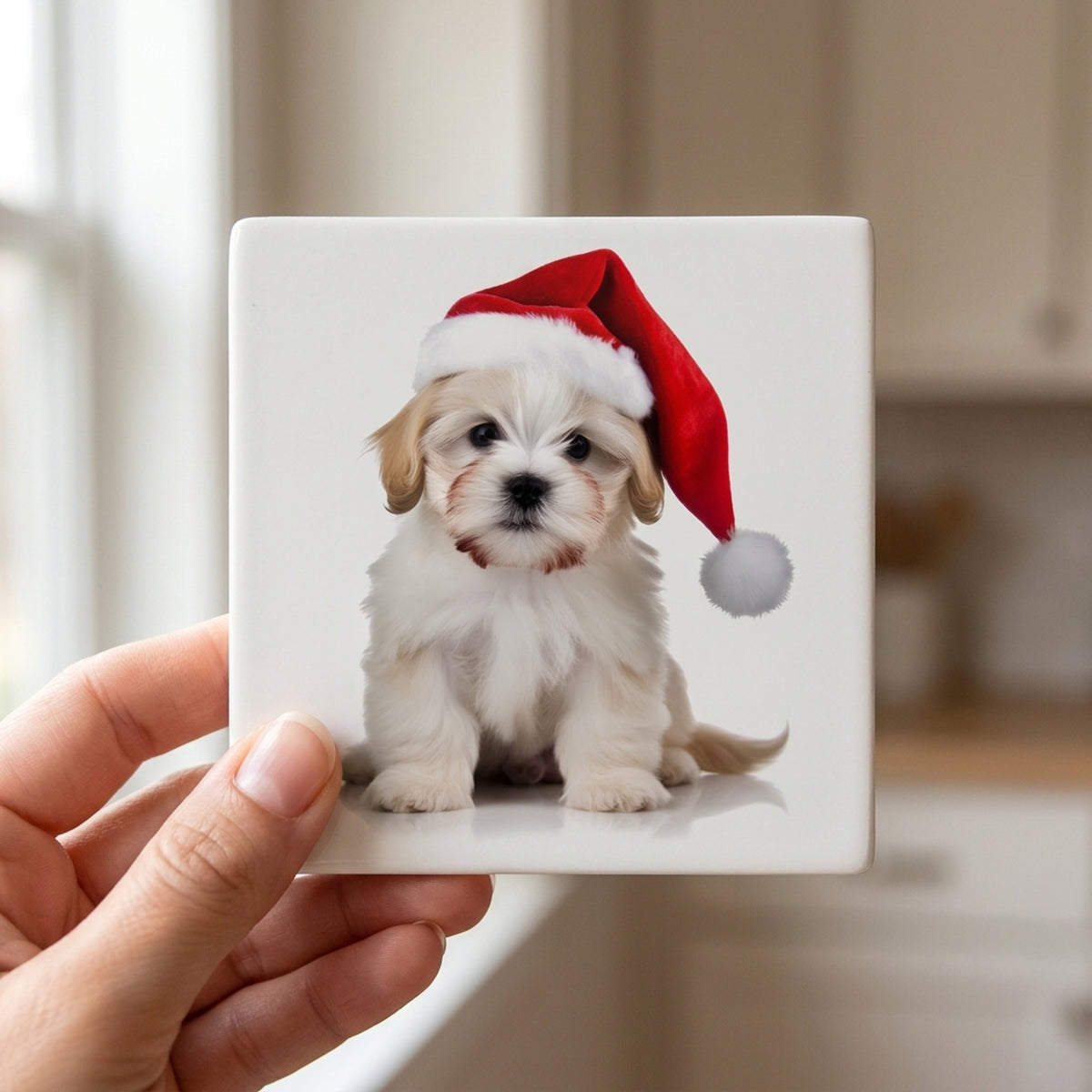 Pumik Puppy ceramic coasters set of 4, in hand