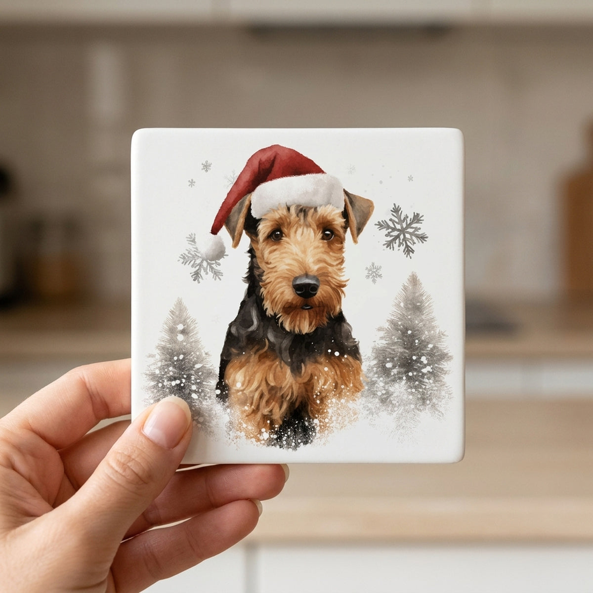 Welsh Terrier ceramic coasters set of 4, in hand