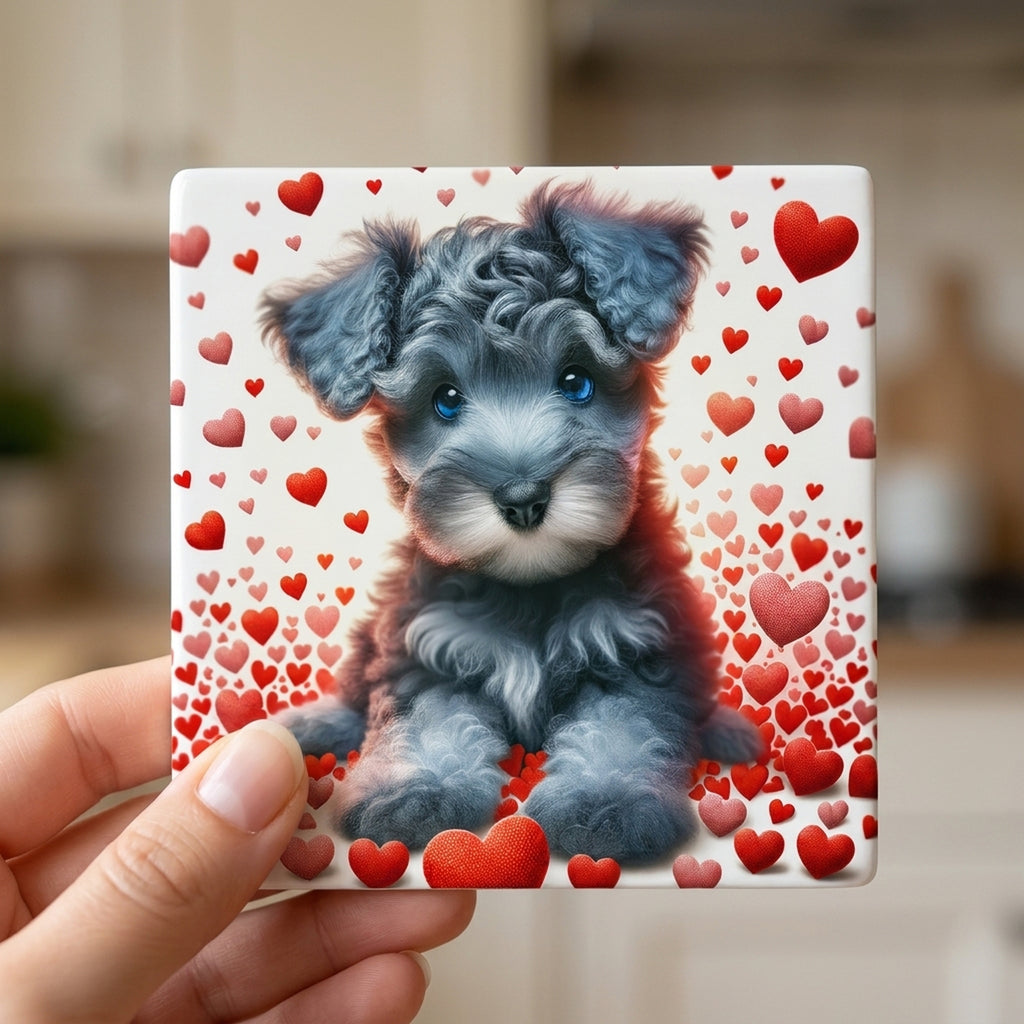 Miniature Schnauzer ceramic coasters set of 4, in hand