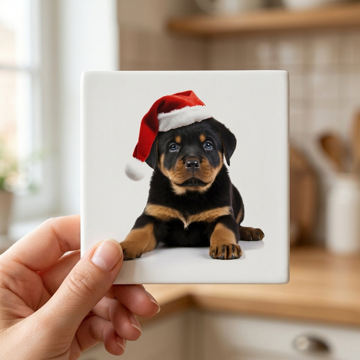 Rottweiler Puppy ceramic coasters set of 4, in hand