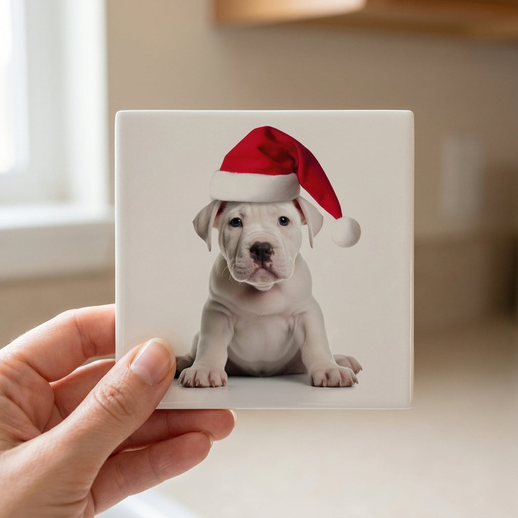 Dogo Argentino Puppy ceramic coasters set of 4, in hand