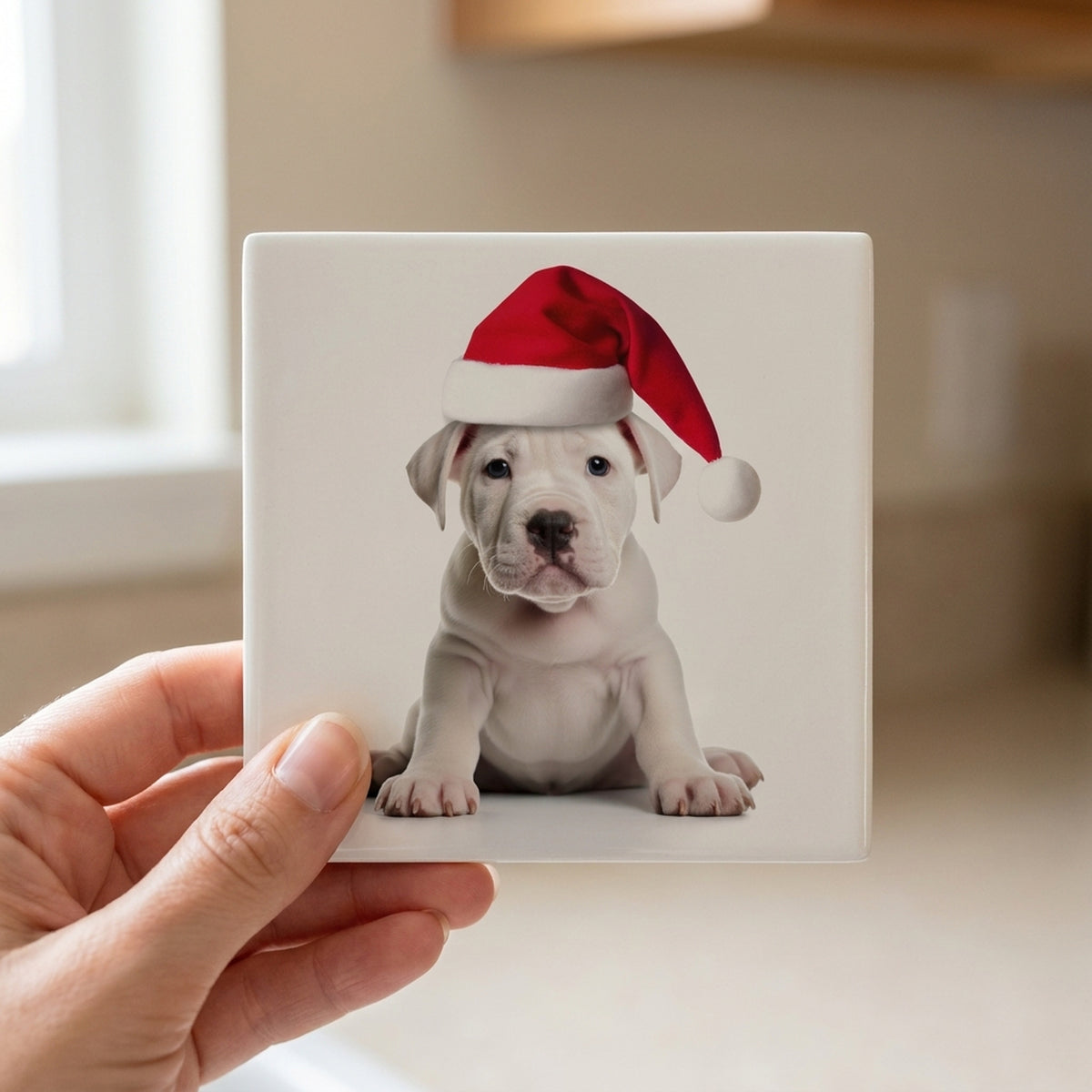 Dogo Argentino Puppy ceramic coasters set of 4, in hand