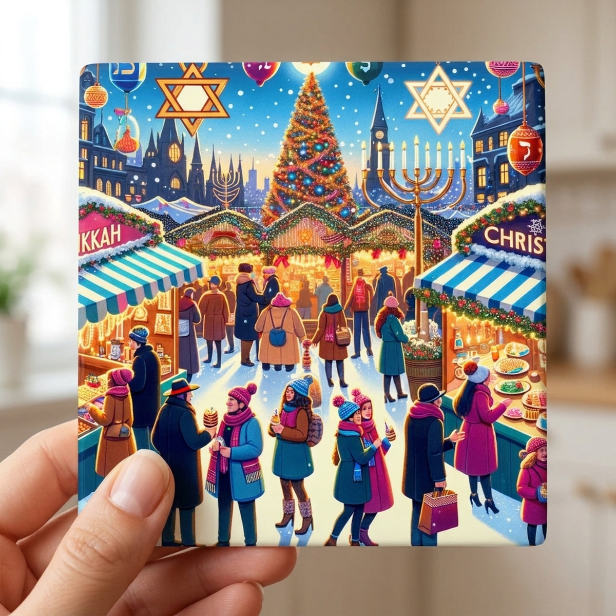 Festive Holiday Market ceramic coasters set of 4, in hand