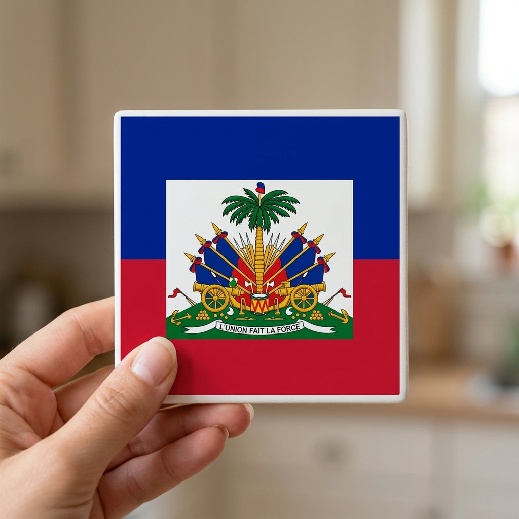 Haiti Flag Pride ceramic coasters set of 4, in hand