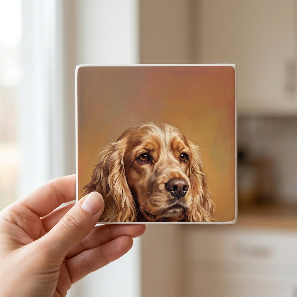 Cocker Spaniel Portrait ceramic coasters set of 4, in hand
