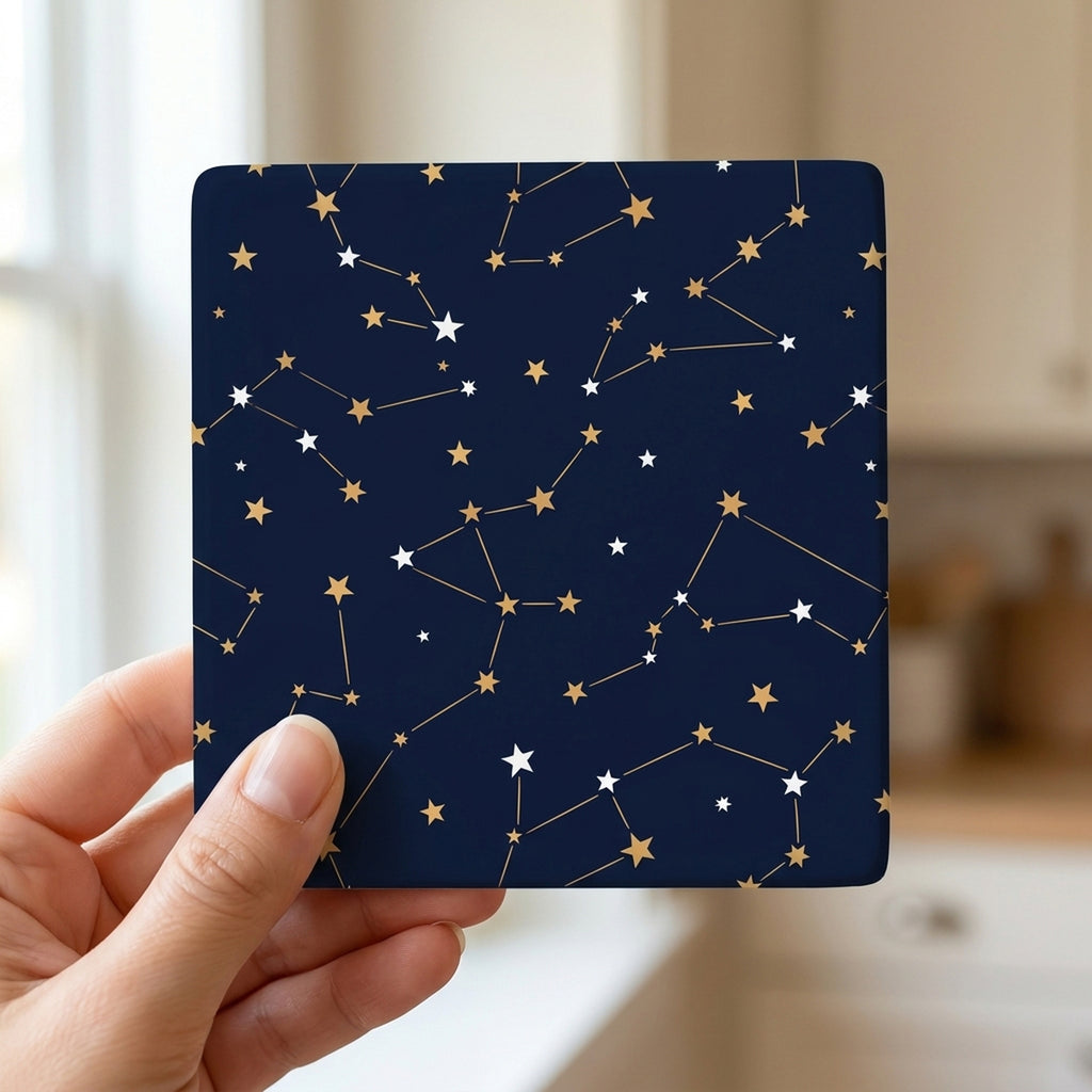 Starry Night Sky ceramic coasters set of 4, in hand