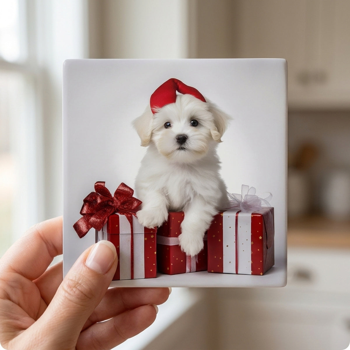 Coton de Tulear Puppy ceramic coasters set of 4, in hand