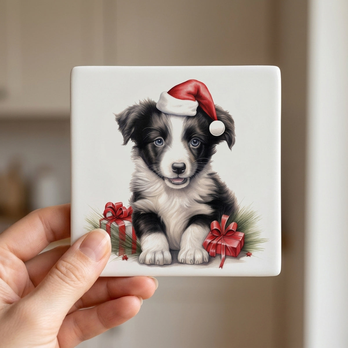 Border Collie Puppy Drawing ceramic coasters set of 4, in hand