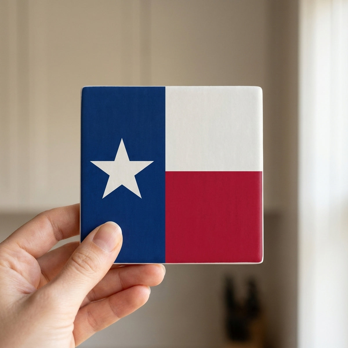 Texas State Flag ceramic coasters set of 4, in hand