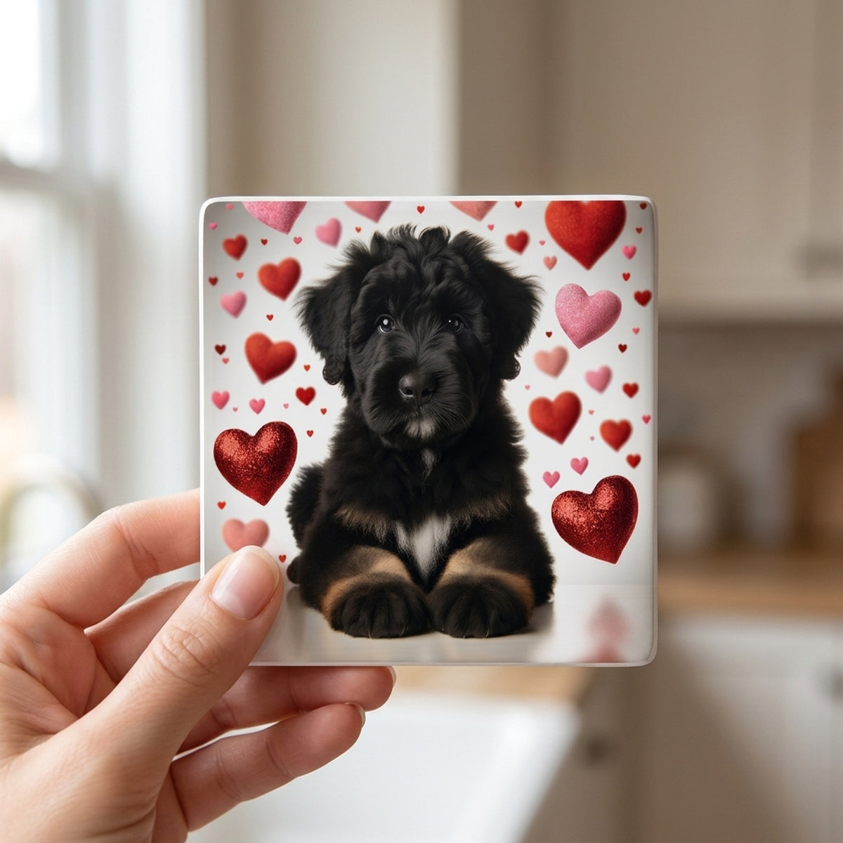Bernedoodle ceramic coasters set of 4, in hand
