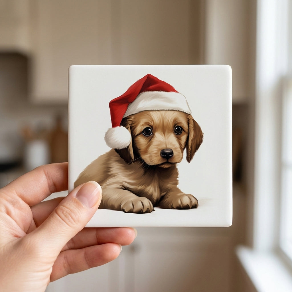 Harrier Puppy Drawing ceramic coasters set of 4, in hand