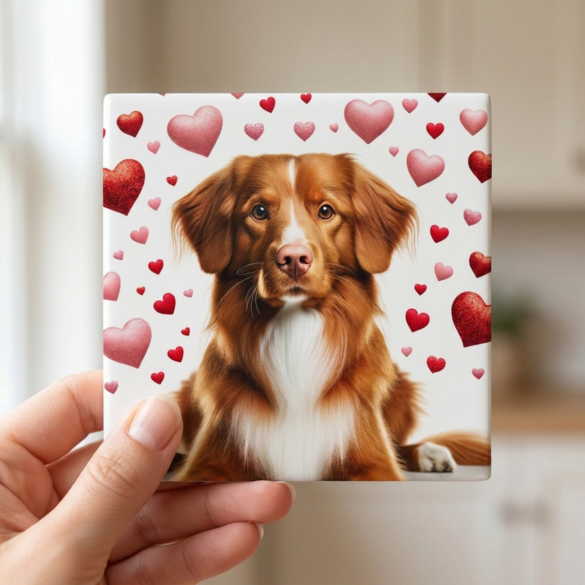 Nova Scotia Duck Tolling Retriever ceramic coasters set of 4, in hand