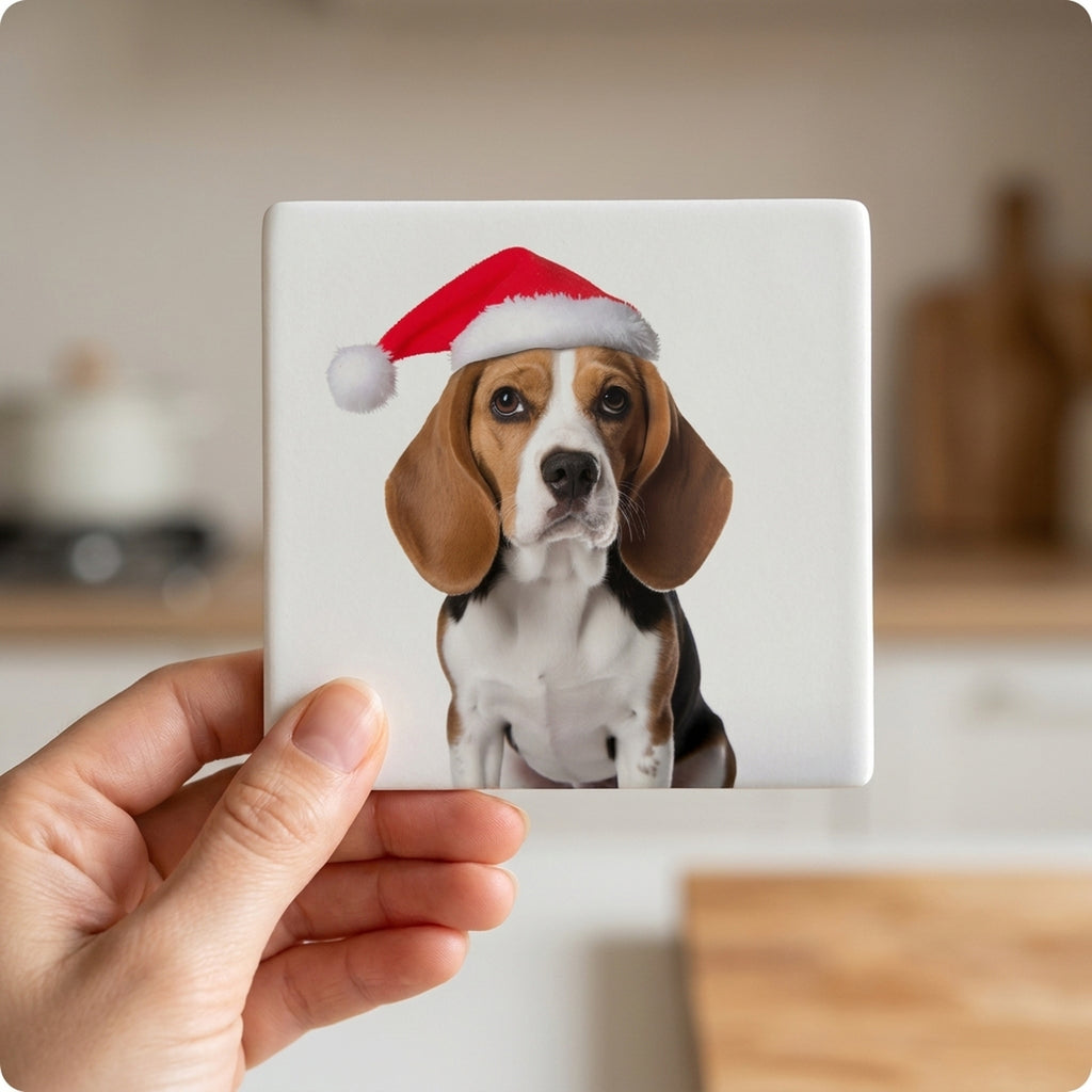 Beagle ceramic coasters set of 4, in hand