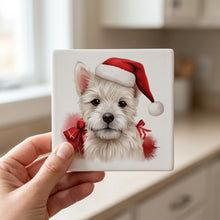 West Highland White Terrier Puppy Drawing ceramic coasters set of 4, in hand