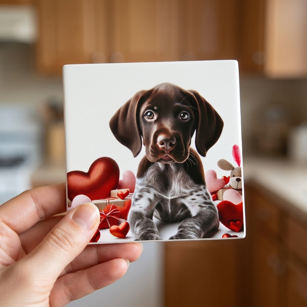 German Shorthaired Pointer ceramic coasters set of 4, in hand