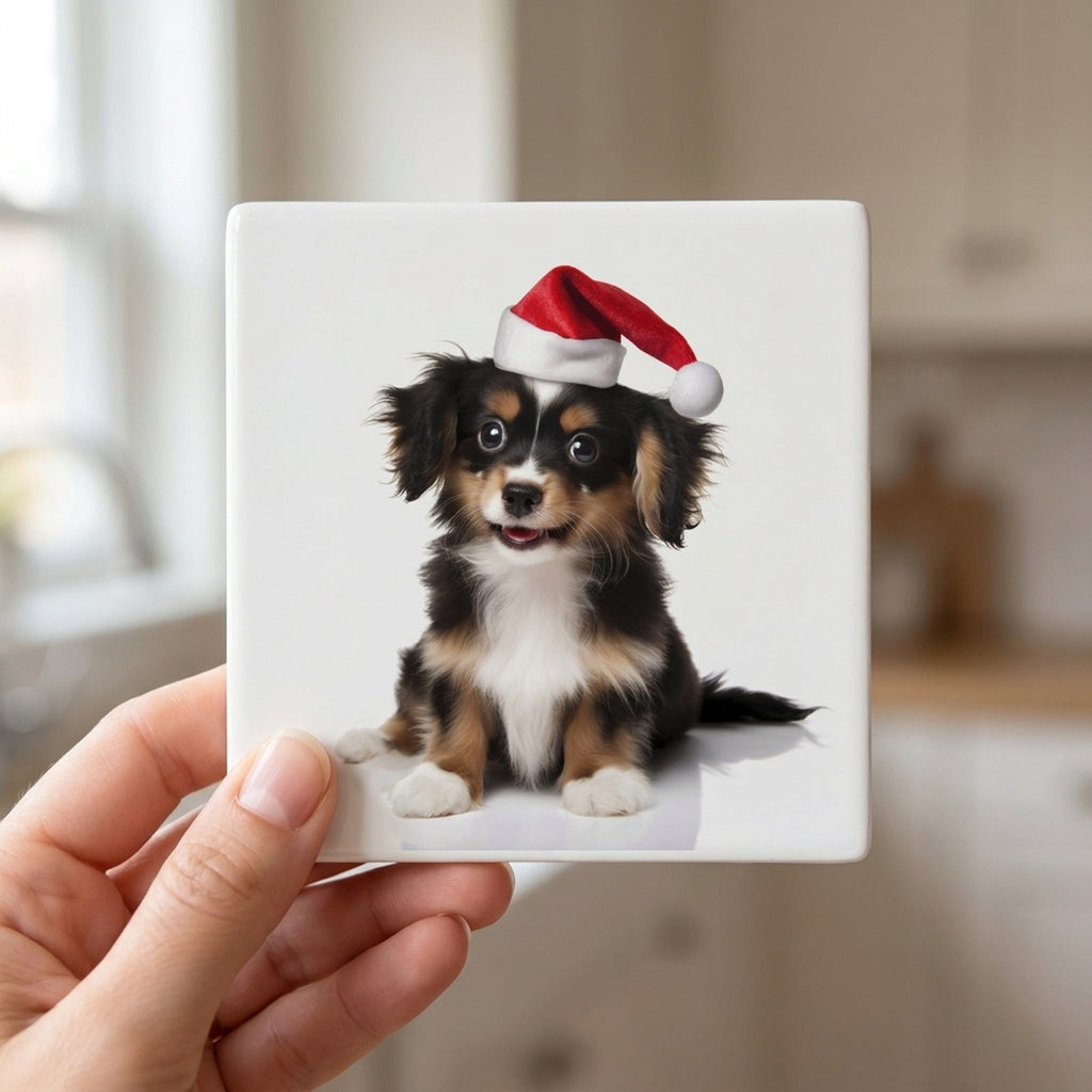 Belgian Laekenois Puppy ceramic coasters set of 4, in hand