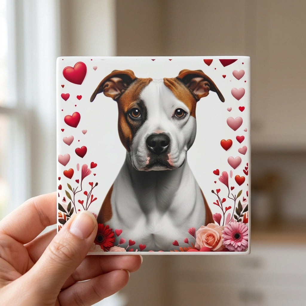 American Staffordshire Terrier ceramic coasters set of 4, in hand