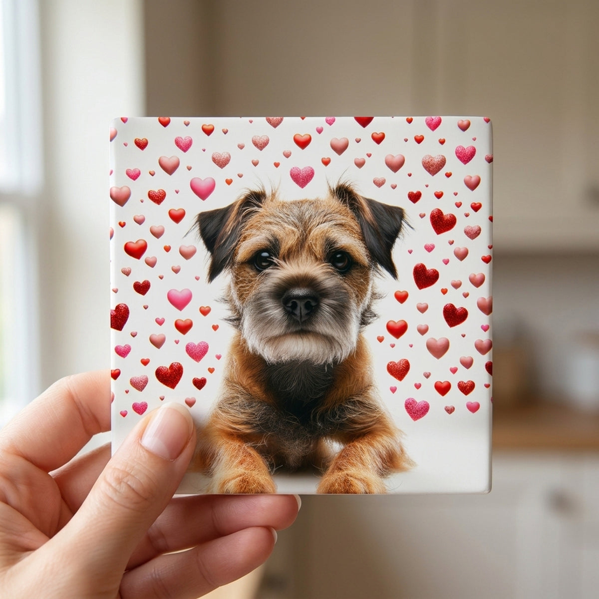 Border Terrier ceramic coasters set of 4, in hand
