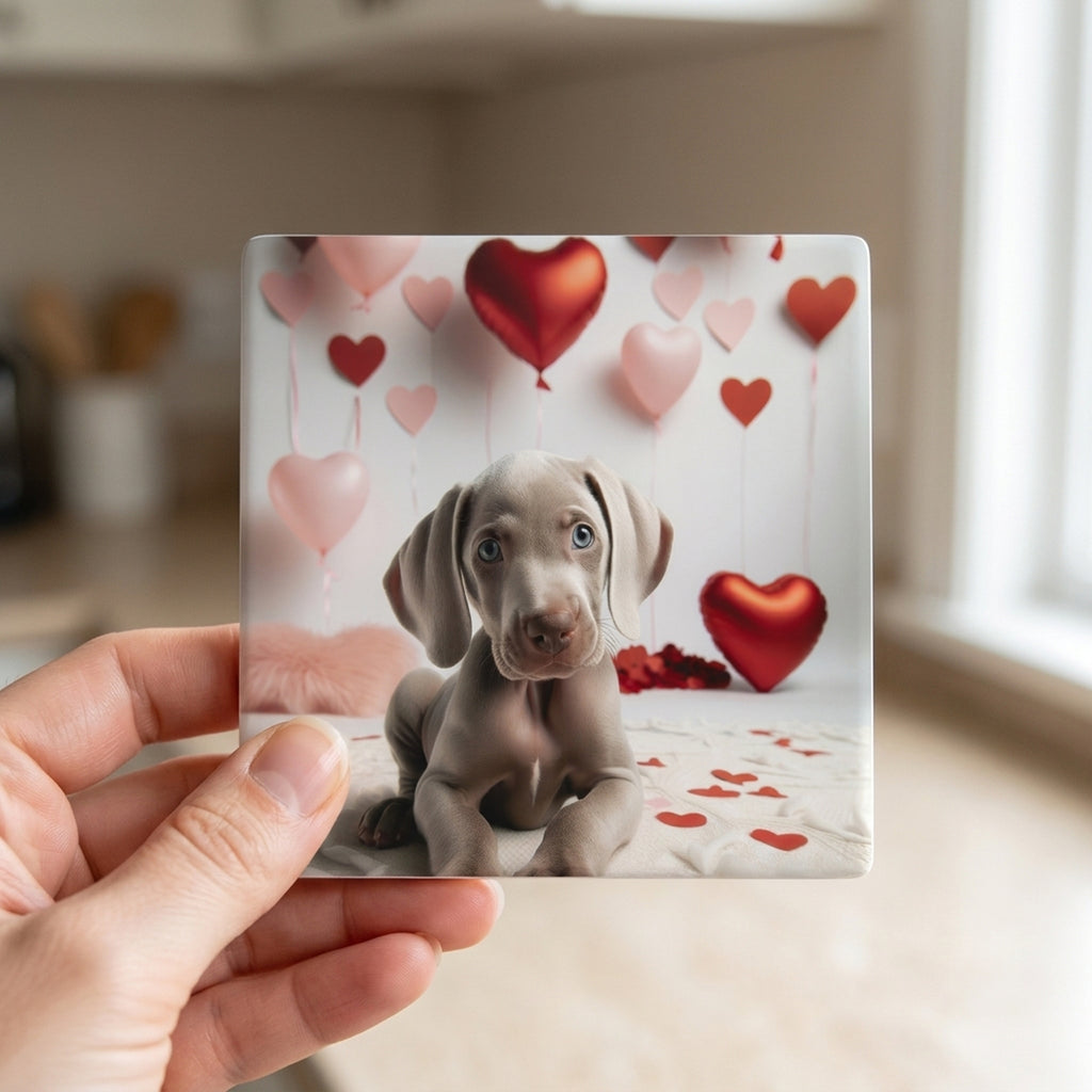 Weimaraner ceramic coasters set of 4, in hand
