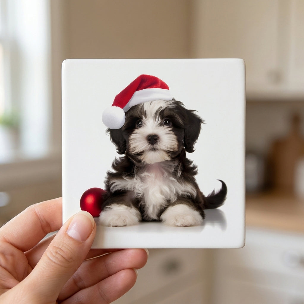 Havanese Puppy ceramic coasters set of 4, in hand