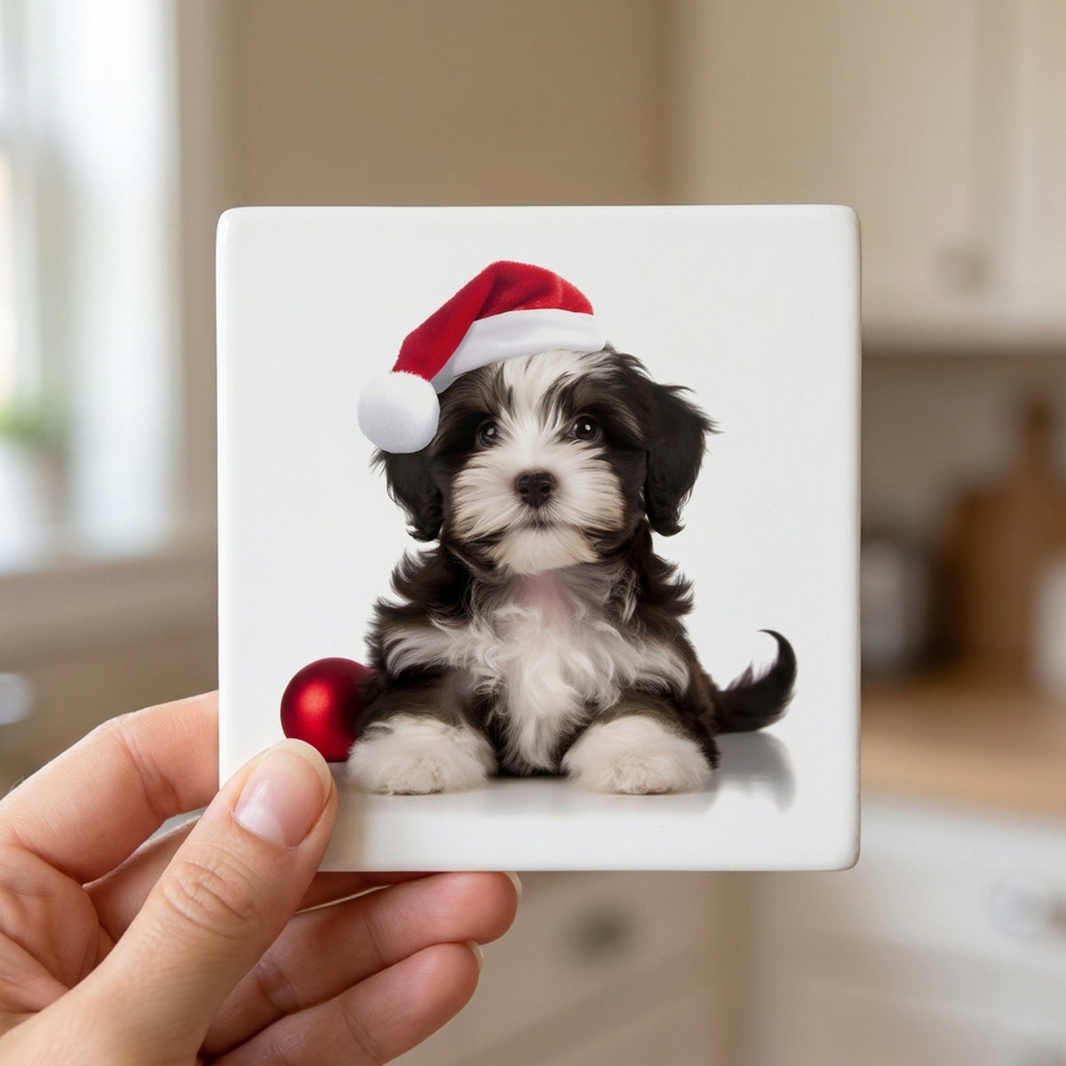Havanese Puppy ceramic coasters set of 4, in hand
