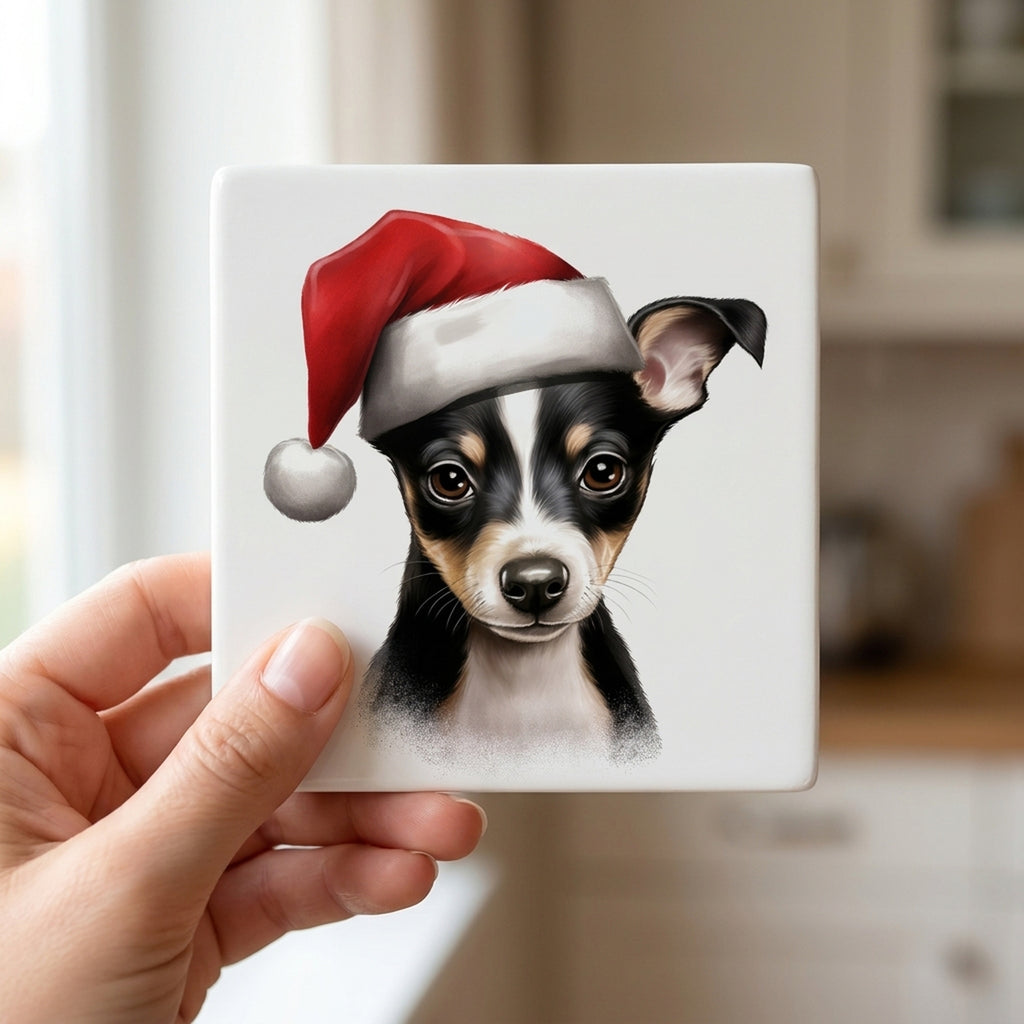 Rat Terrier Puppy Drawing ceramic coasters set of 4, in hand