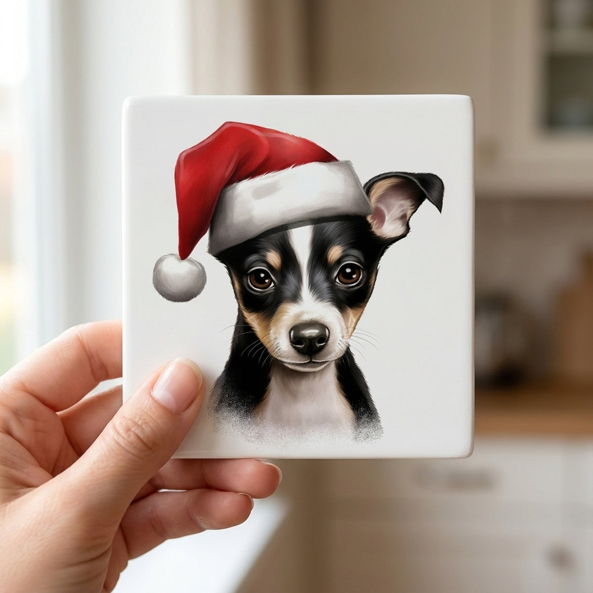 Rat Terrier Puppy Drawing ceramic coasters set of 4, in hand