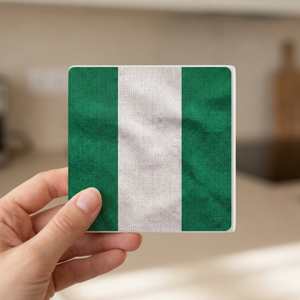 Nigeria Flag Pride ceramic coasters set of 4, in hand
