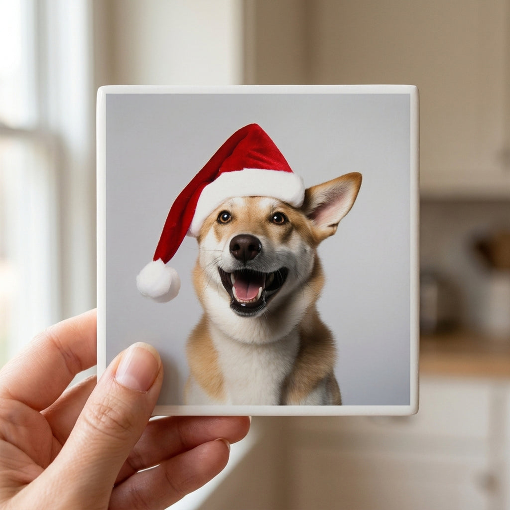 Canaan Dog ceramic coasters set of 4, in hand