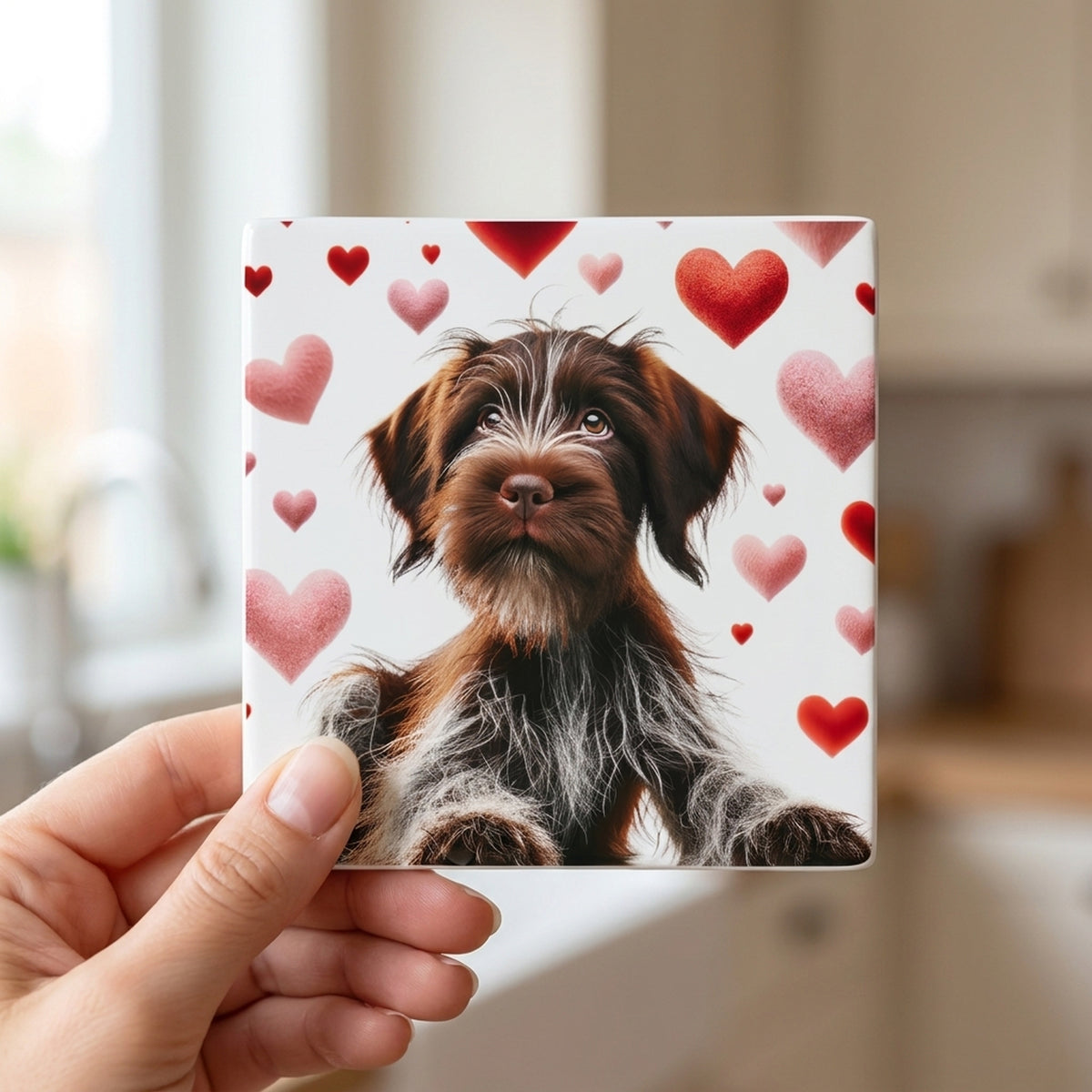 Wirehaired Pointing Griffon ceramic coasters set of 4, in hand