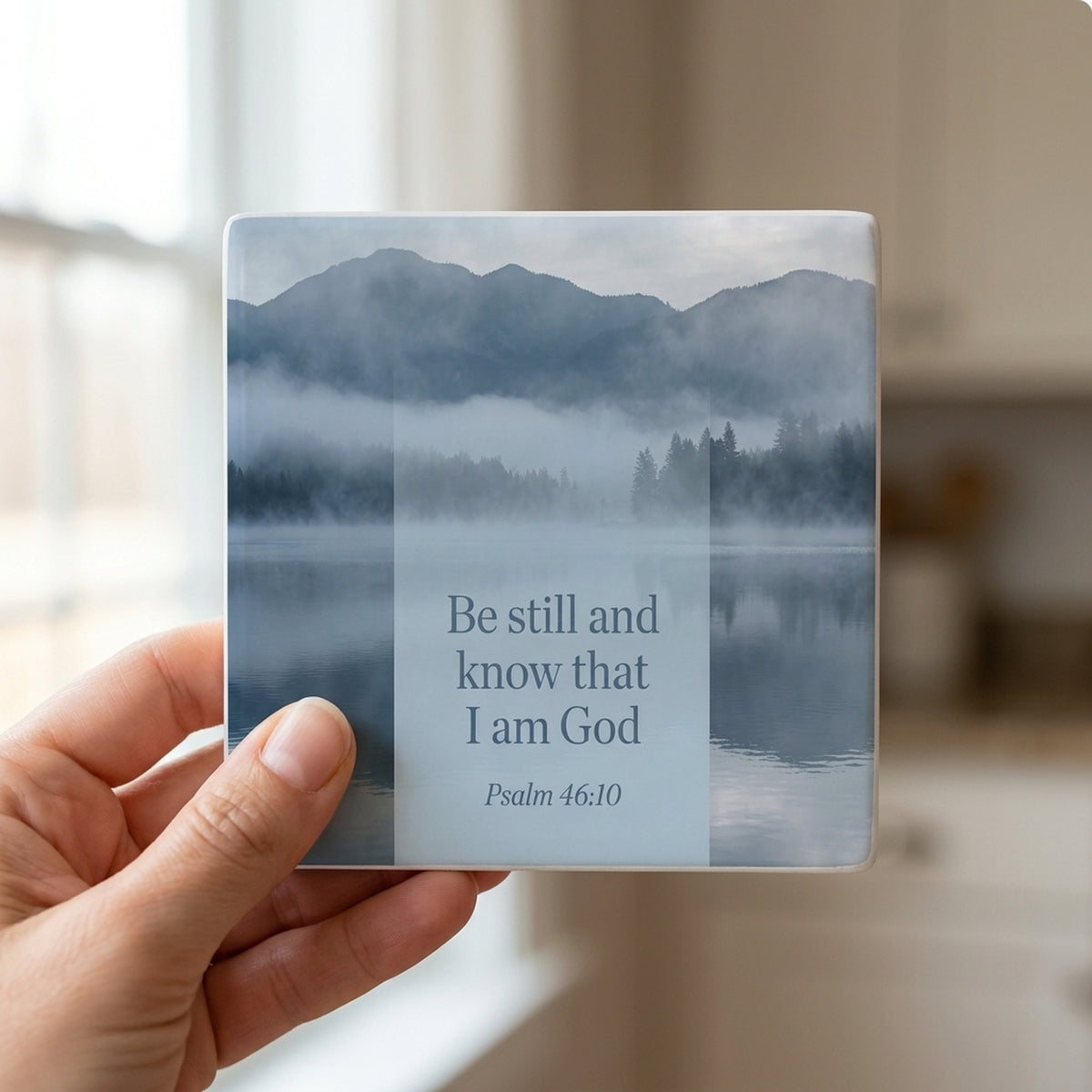 Be Still Psalm 46:10 ceramic coasters set of 4, in hand